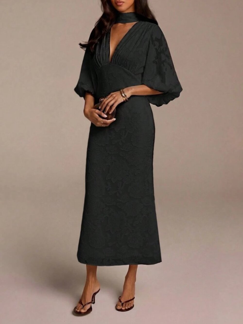 Black Floral Jacquard Cutout Maxi Dress with Balloon Sleeves
